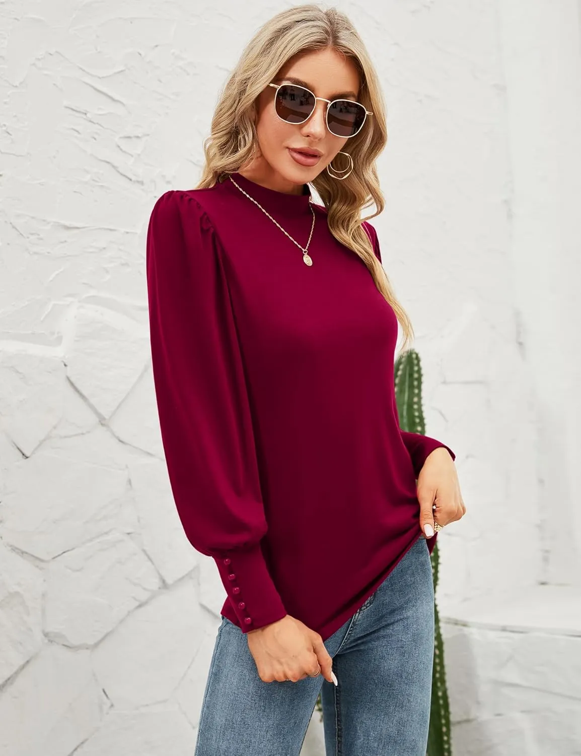 Qirno Womens Mock Neck Puff Sleeve Shirts Casual Loose Basic T Shirt Button Cuffs Pullovers Tops