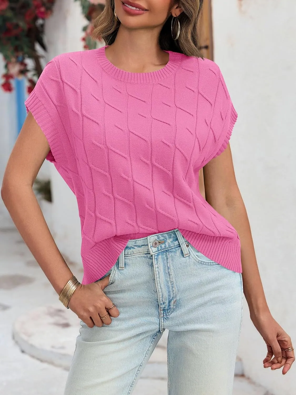 Saodimallsu Womens Cap Sleeve Sweater Tops Cable Knit Crew Neck Summer Lightweight Oversized Loose Vest Top