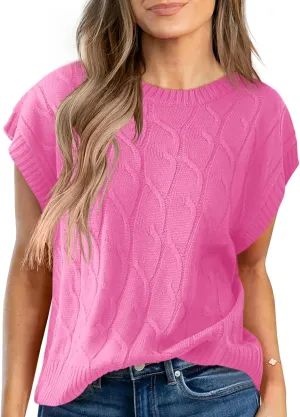 Saodimallsu Womens Cap Sleeve Sweater Tops Cable Knit Crew Neck Summer Lightweight Oversized Loose Vest Top