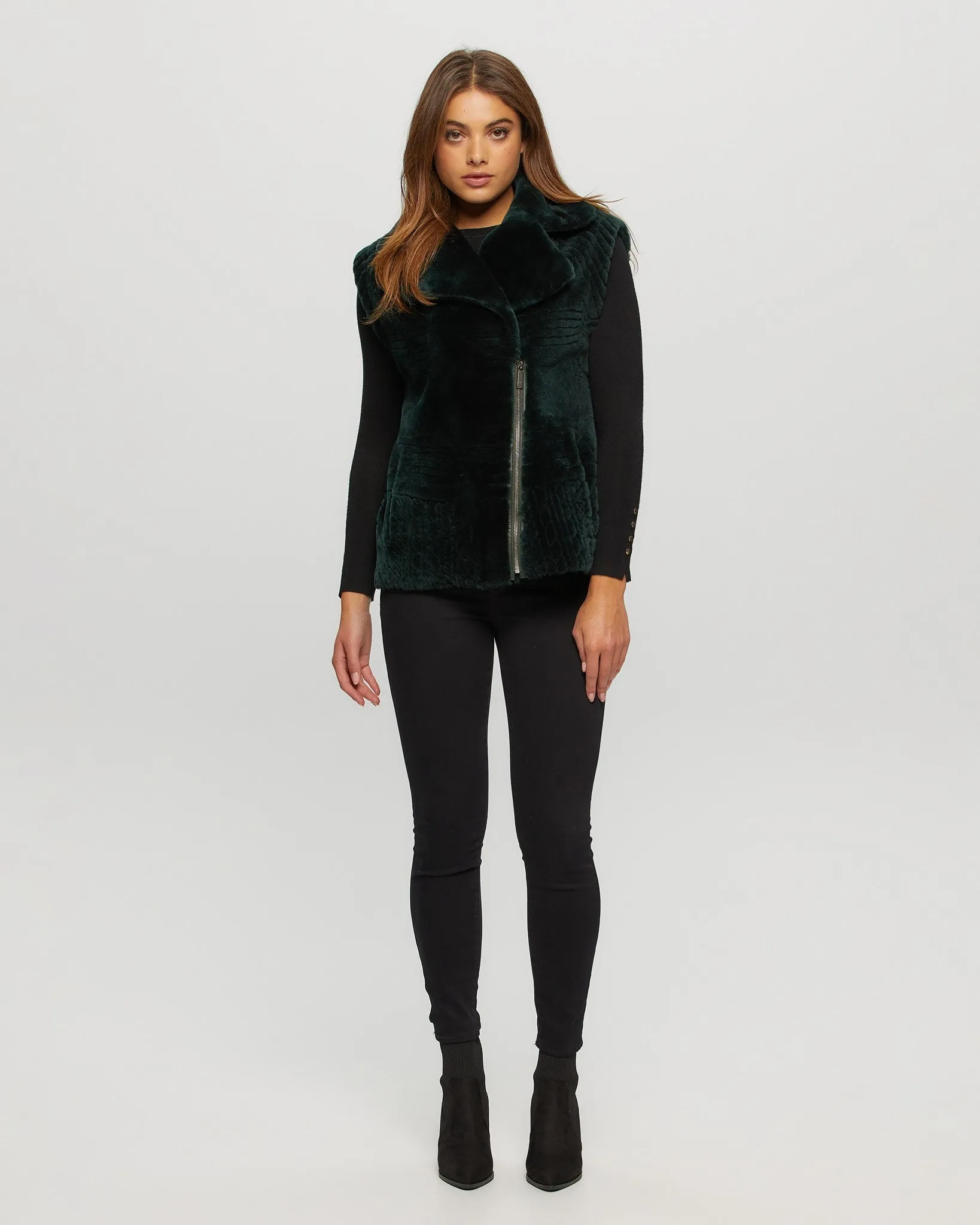 Select Shearling Lamb Zip Vest with Grooved Pattern