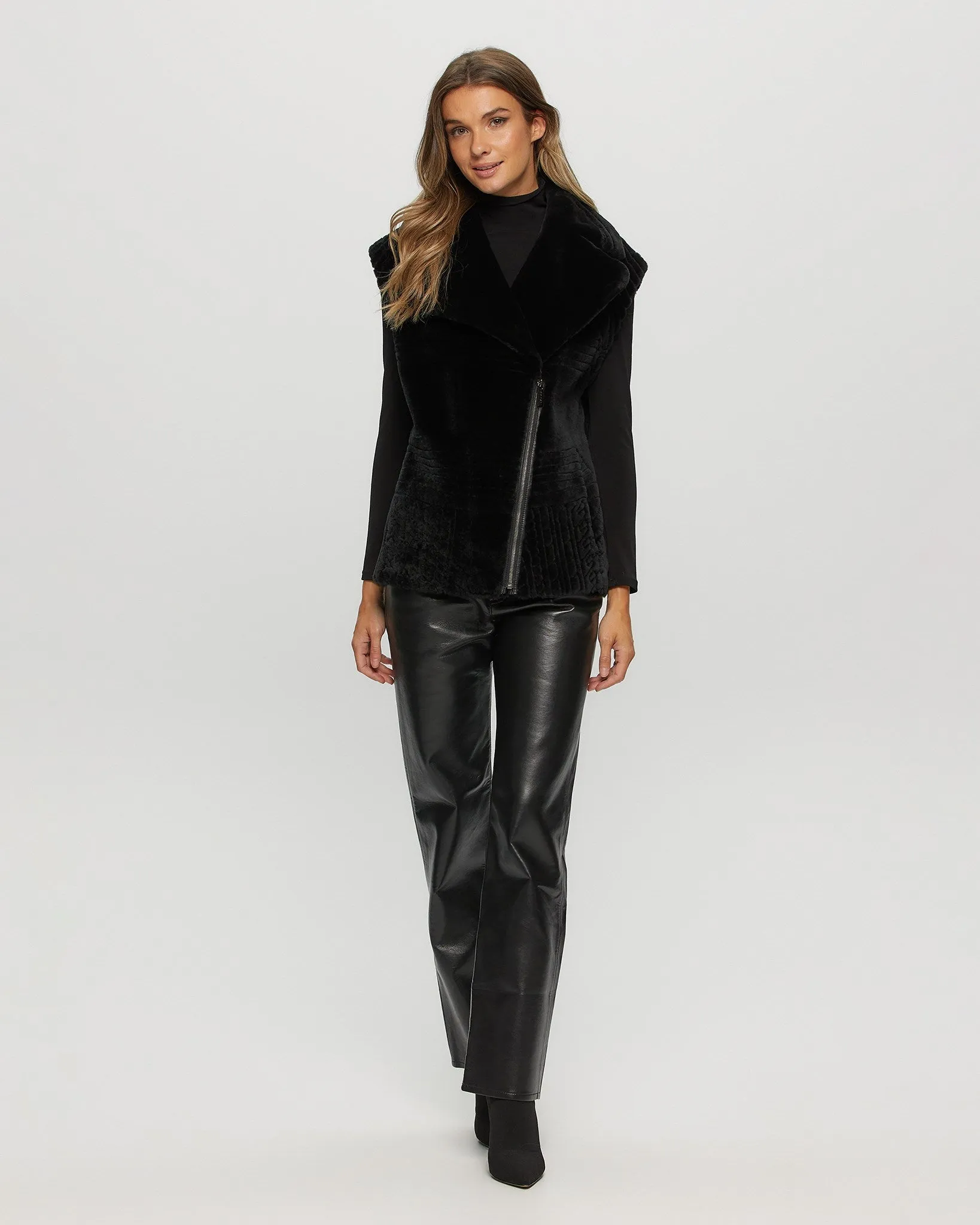Select Shearling Lamb Zip Vest with Grooved Pattern