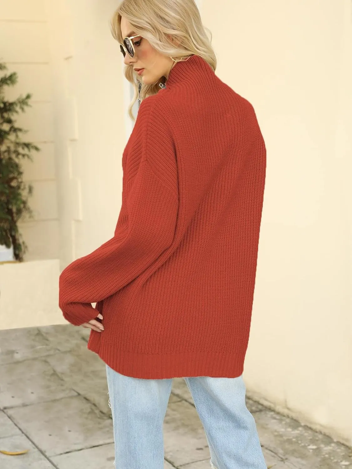 Turtleneck Sweater - Batwing Long Sleeve, Loose Knit Pullover Sweater Tops