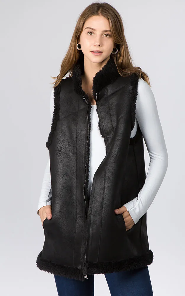 VA90B9 Faux Shearling Reversible Vest with Pockets