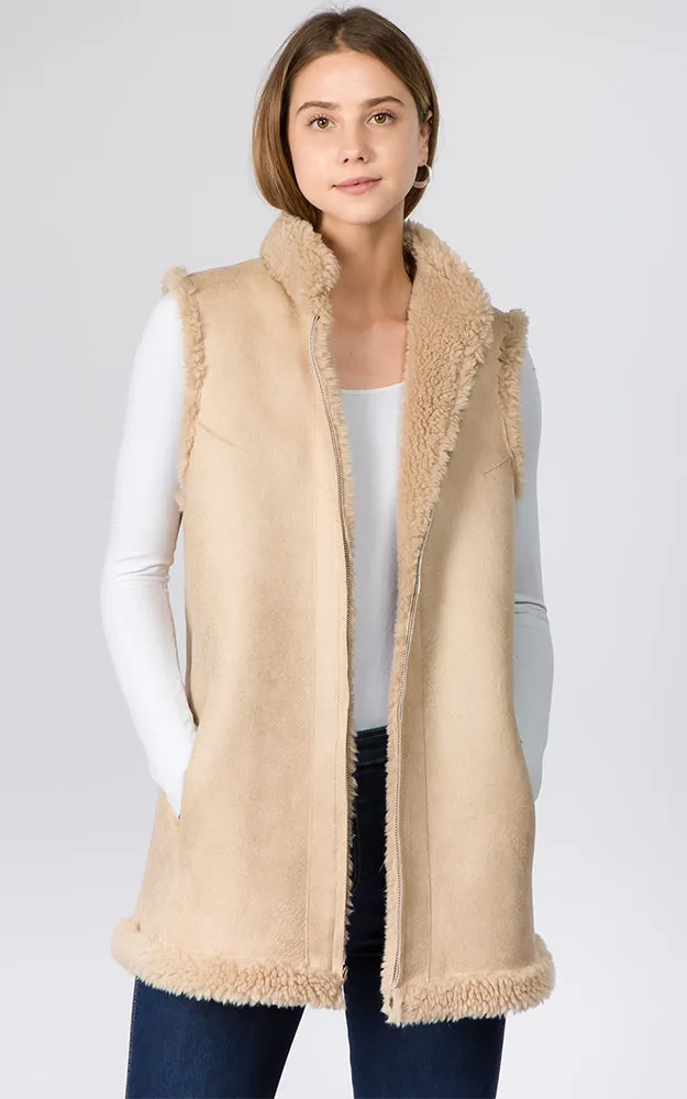 VA90B9 Faux Shearling Reversible Vest with Pockets