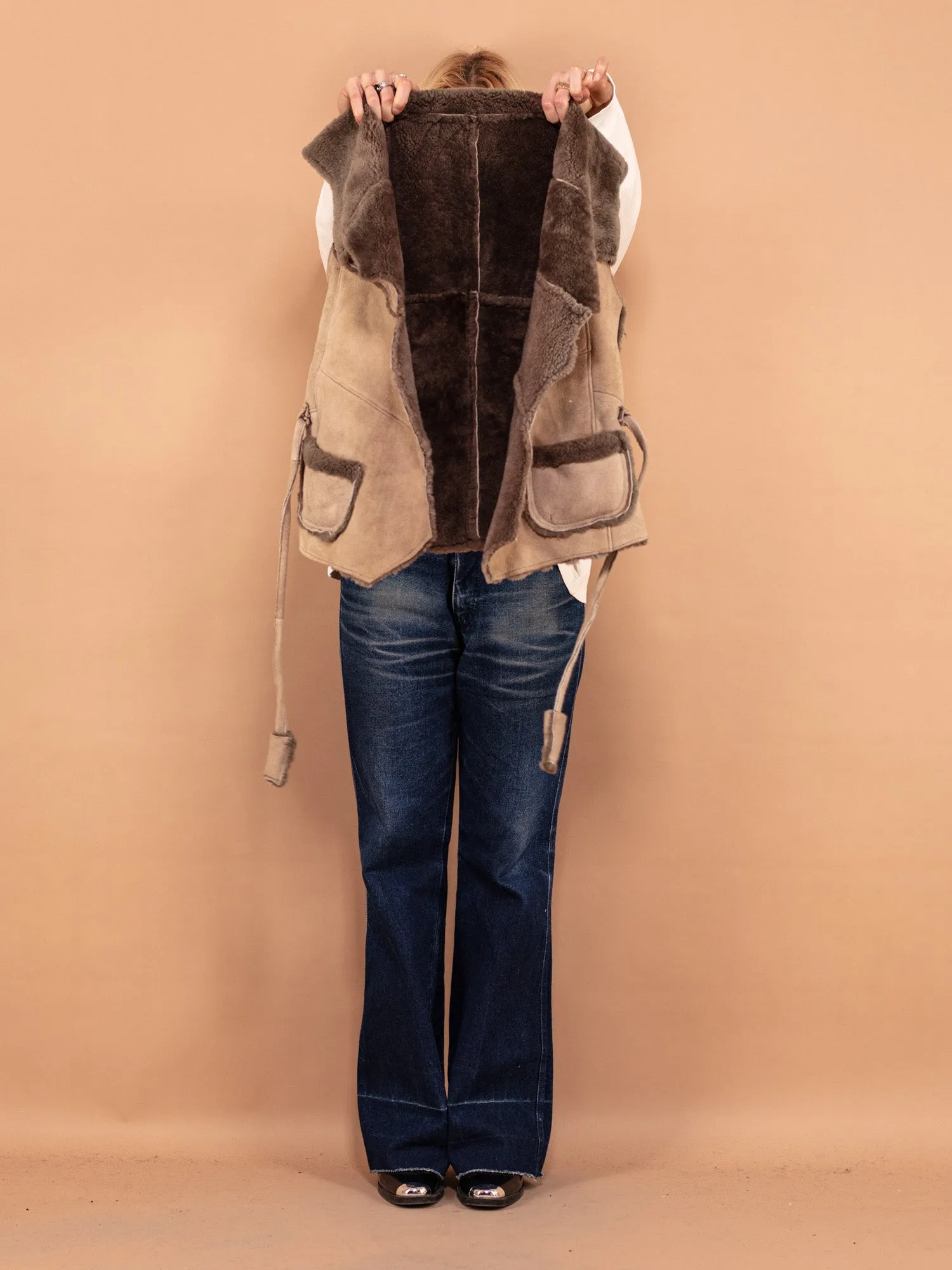 Vintage 70's Women Boho Sheepskin Vest in Beige