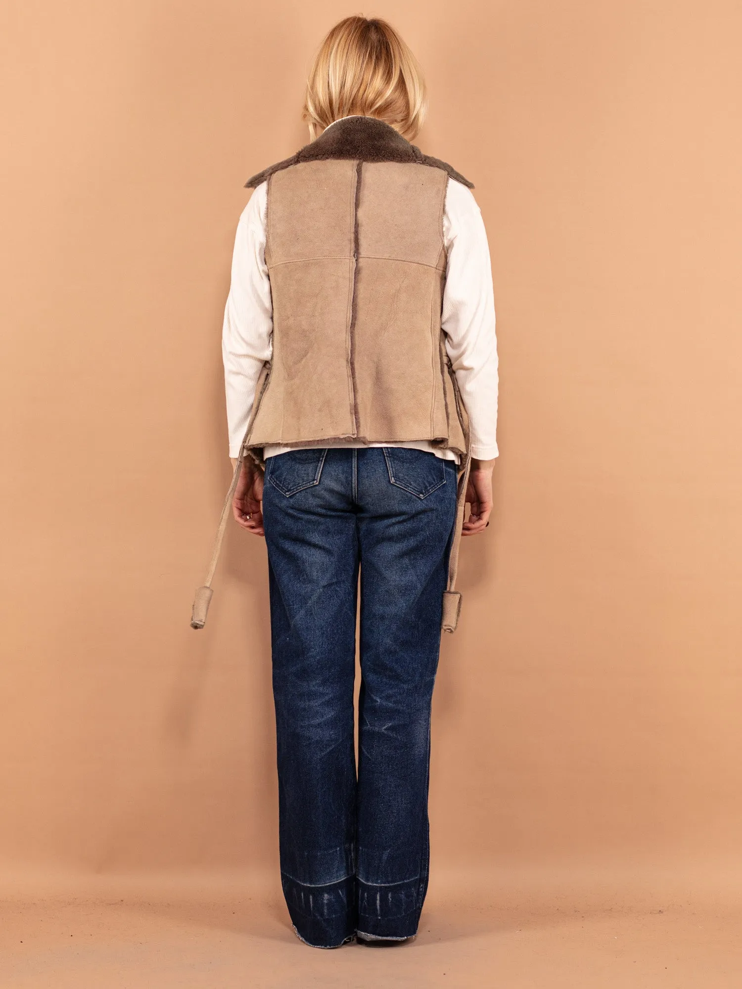 Vintage 70's Women Boho Sheepskin Vest in Beige