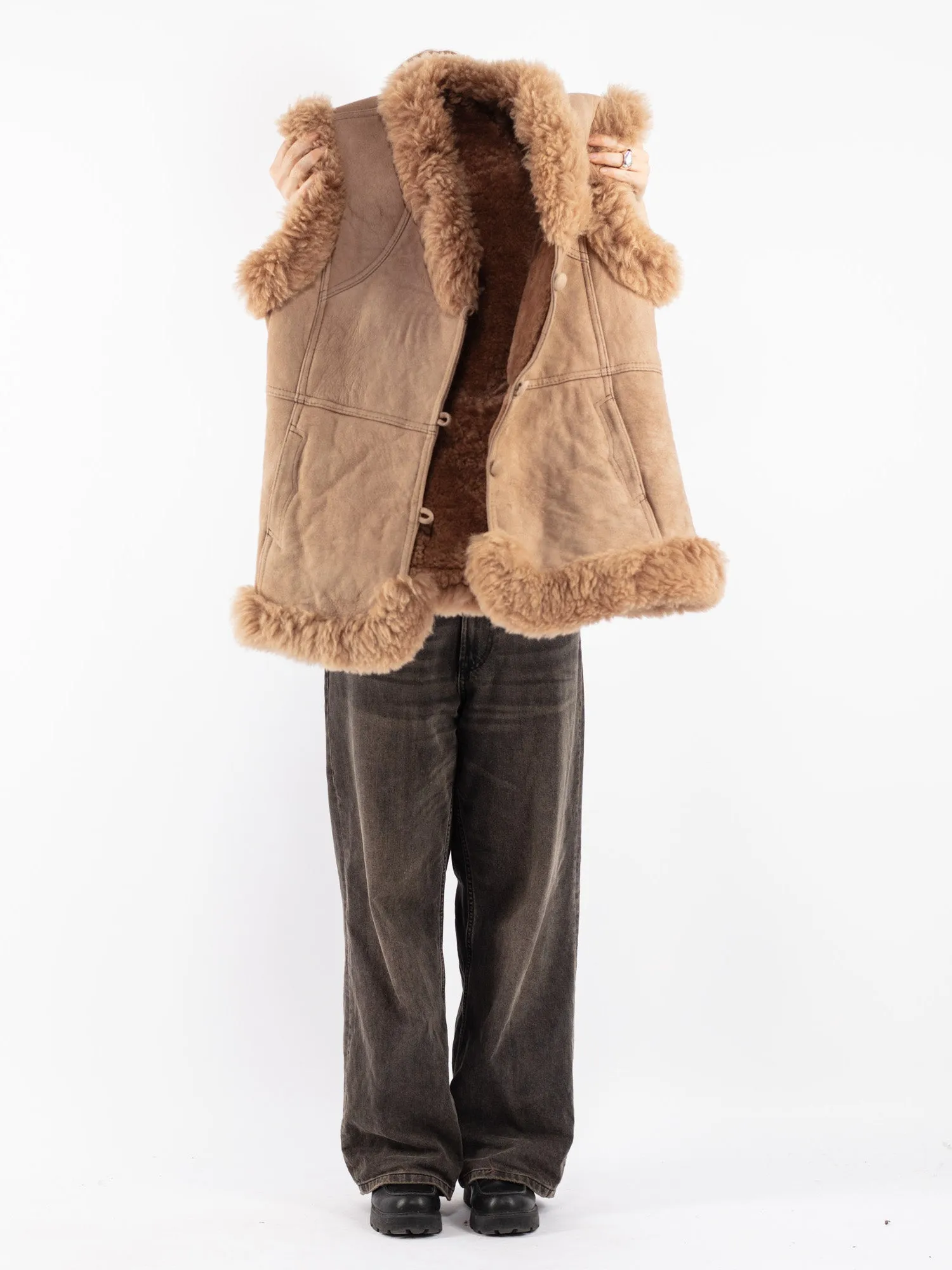 Vintage 70's Women Sheepskin Shearling Vest in Beige