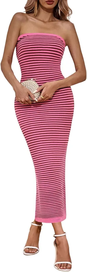 Wenrine Womens Strapless Bodycon Maxi Dress Summer Striped Sleeveless Knit Casual Tube Tops Cocktail Party Dresses