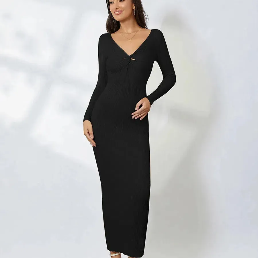 Women Knitted Long Sleeve Maxi Dress Crochet Slim Style