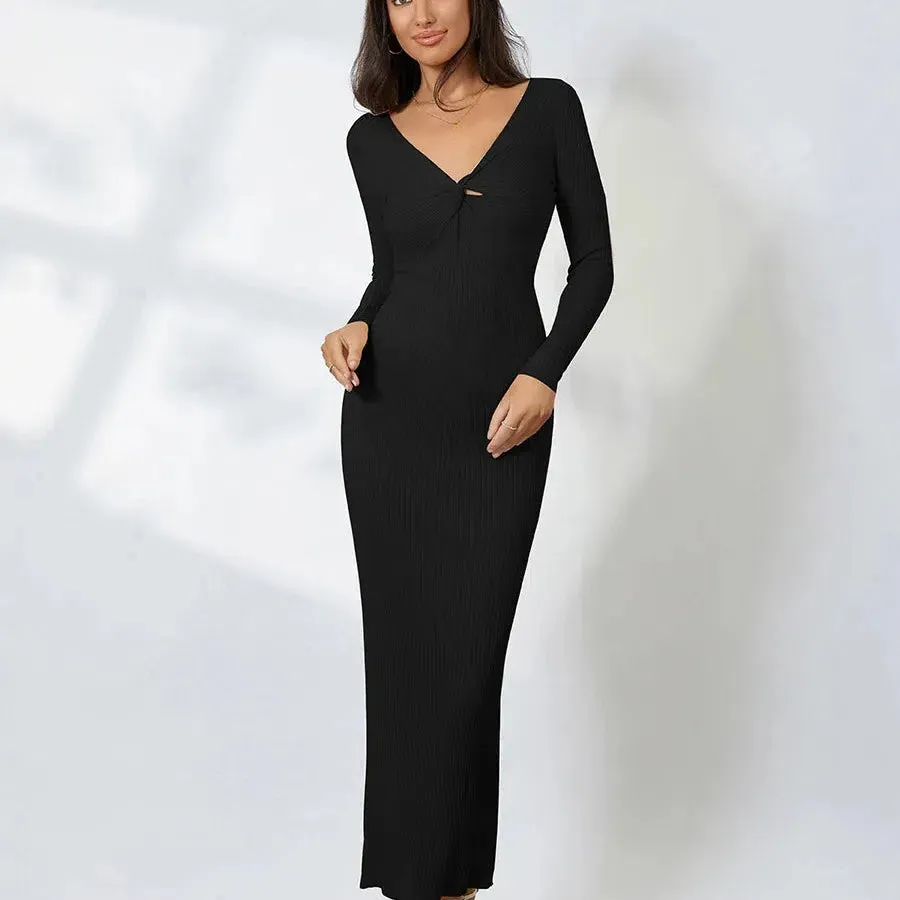 Women Knitted Long Sleeve Maxi Dress Crochet Slim Style