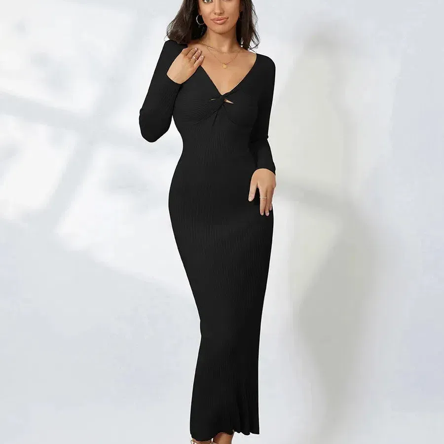 Women Knitted Long Sleeve Maxi Dress Crochet Slim Style