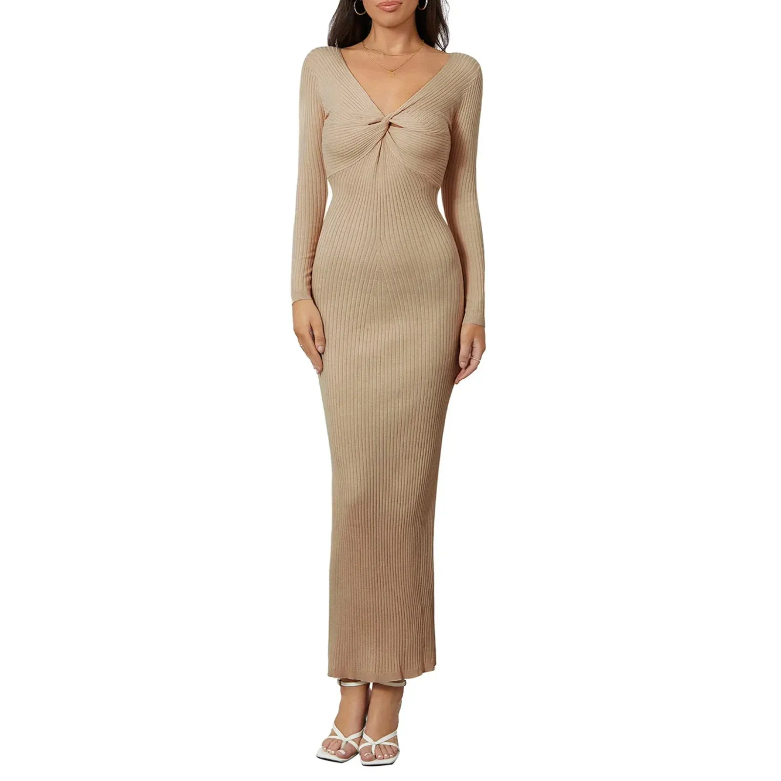 Women Knitted Long Sleeve Maxi Dress Crochet Slim Style