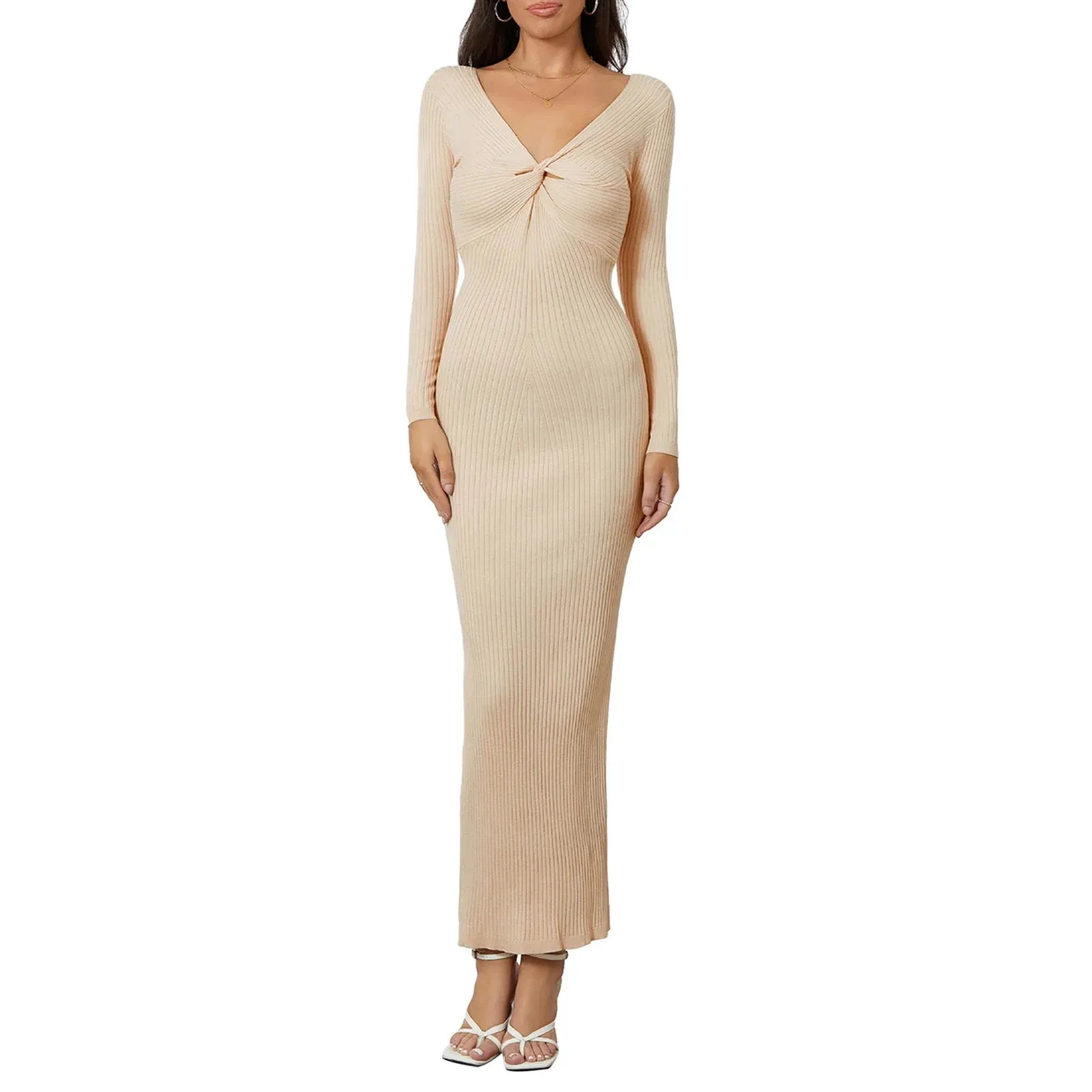 Women Knitted Long Sleeve Maxi Dress Crochet Slim Style