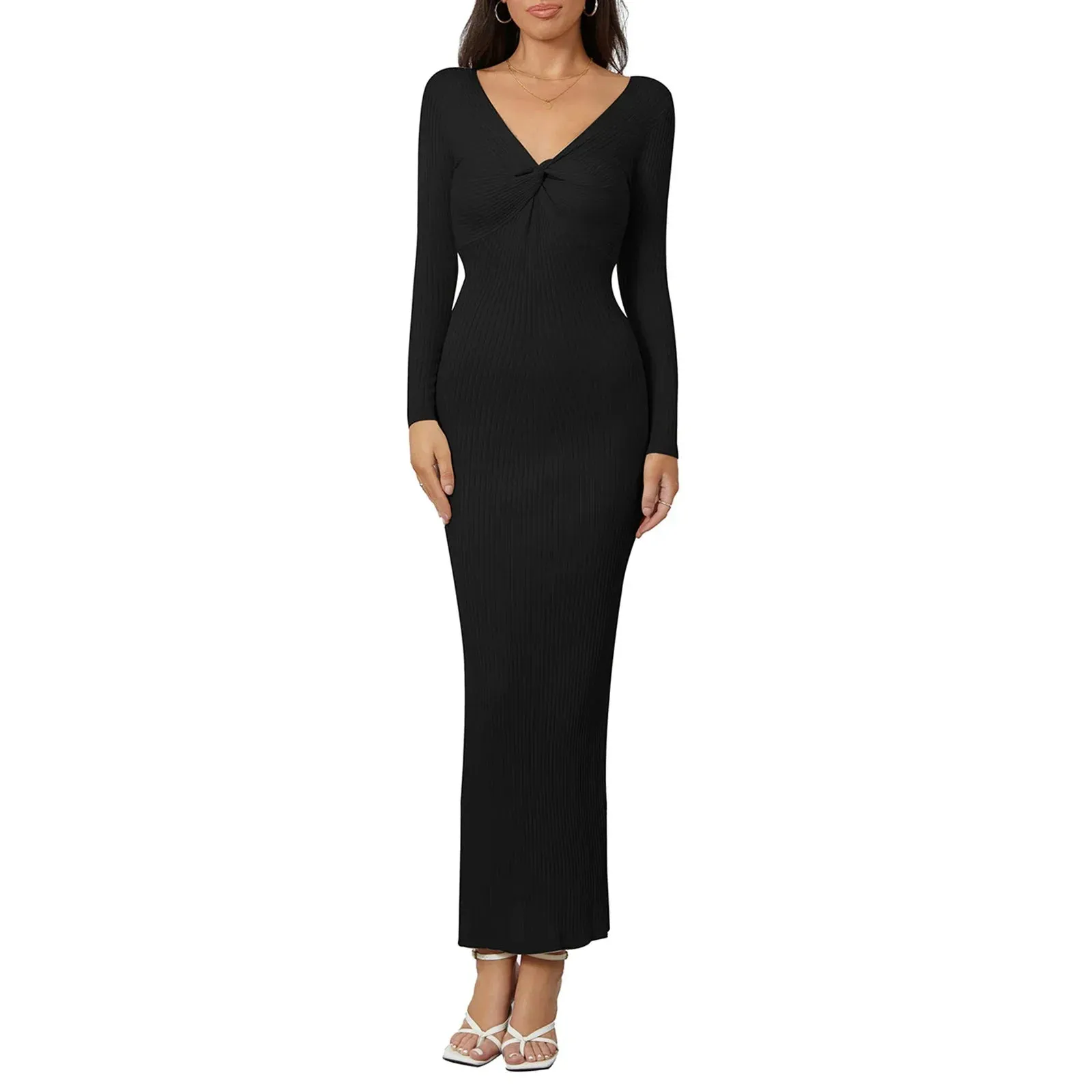 Women Knitted Long Sleeve Maxi Dress Crochet Slim Style
