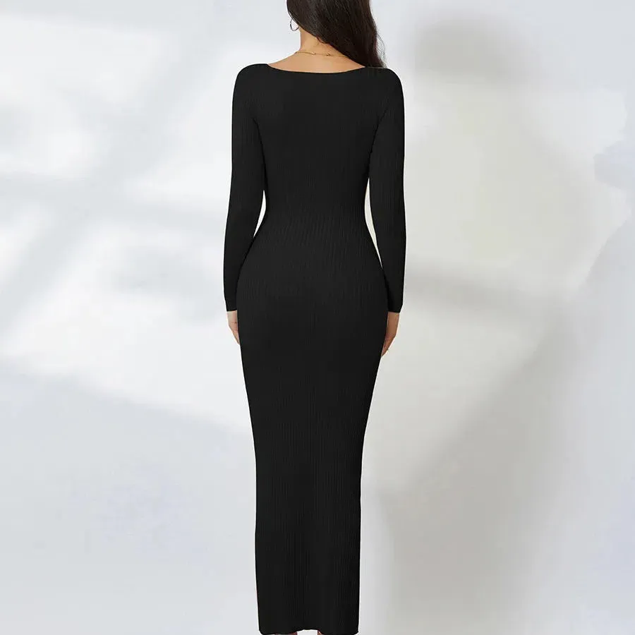 Women Knitted Long Sleeve Maxi Dress Crochet Slim Style