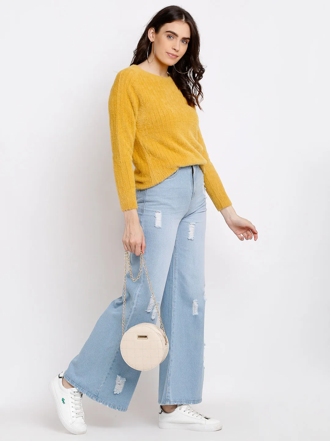 Women Mustard Knitted Solid Round Neck Pullover