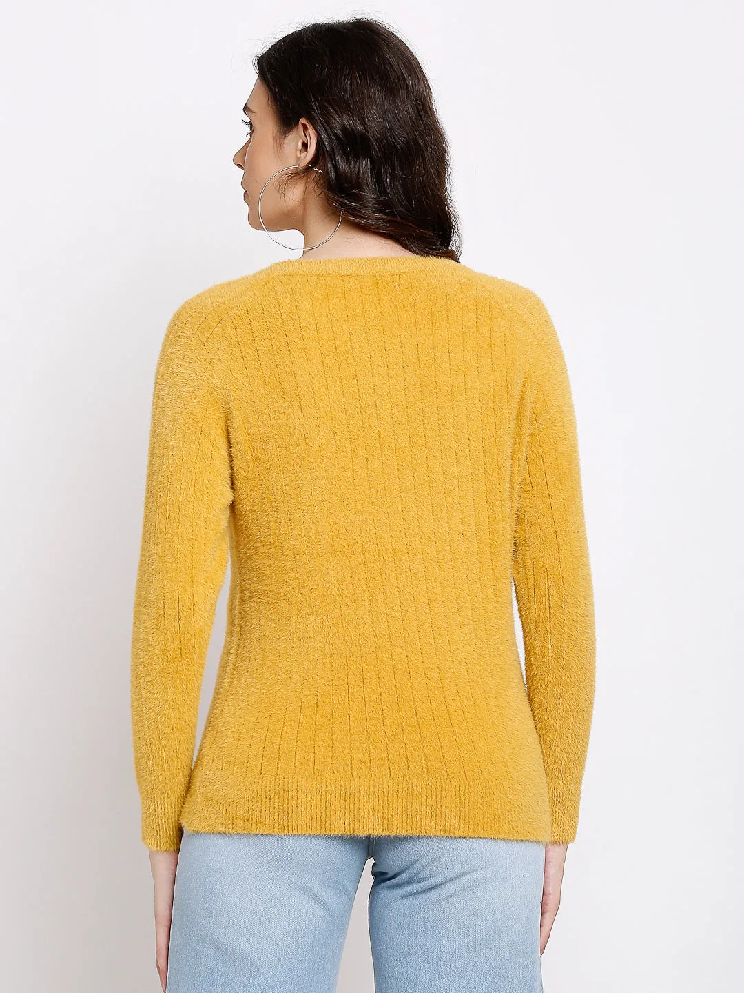 Women Mustard Knitted Solid Round Neck Pullover