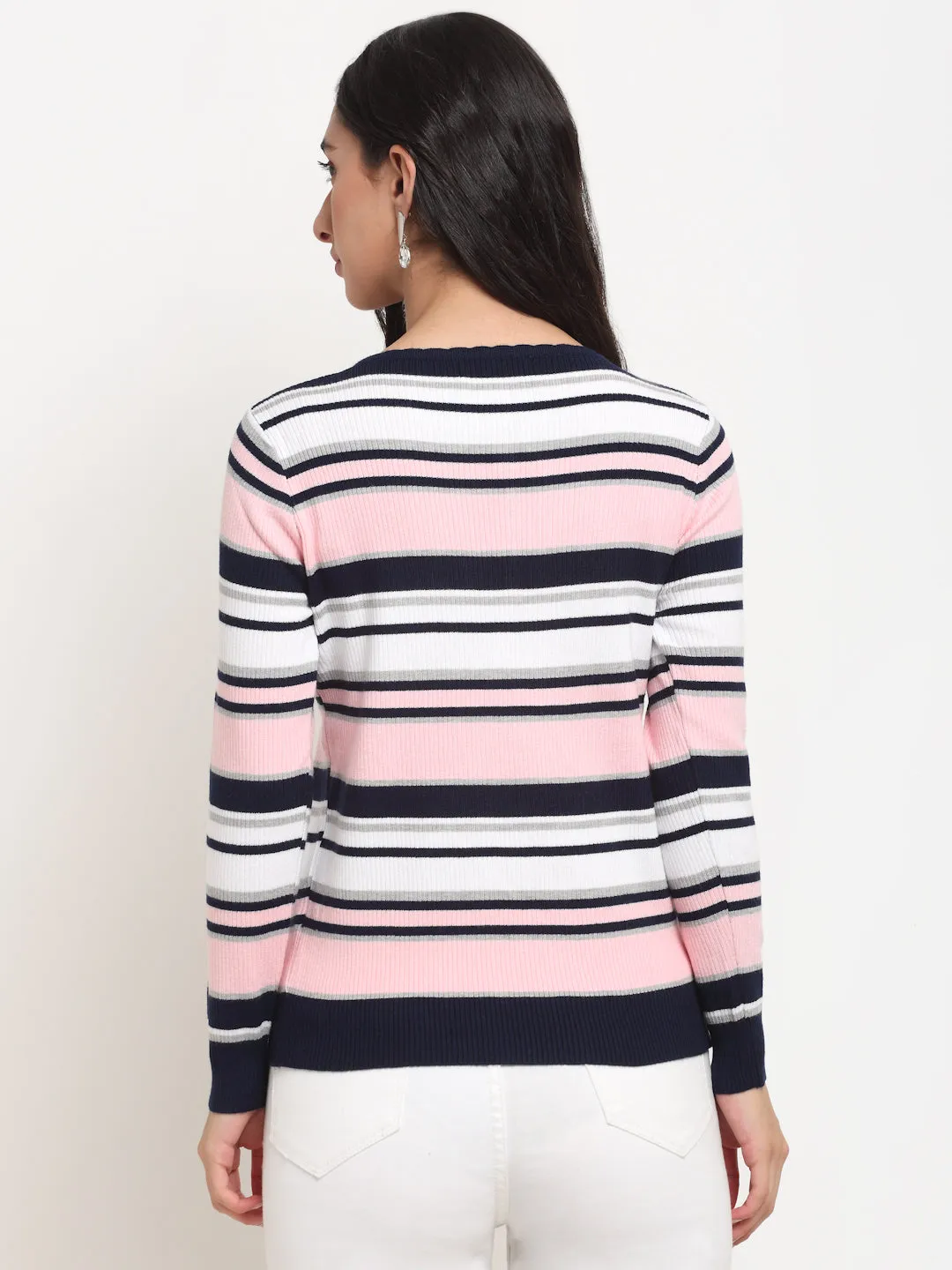 Women Pink Round Neck Regular Fit Striped Pullover