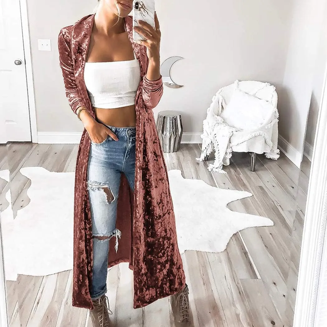 Women's Long Velvet Cardigan Vintage Outerwear Maxi Long Sleeve Blazers Coat