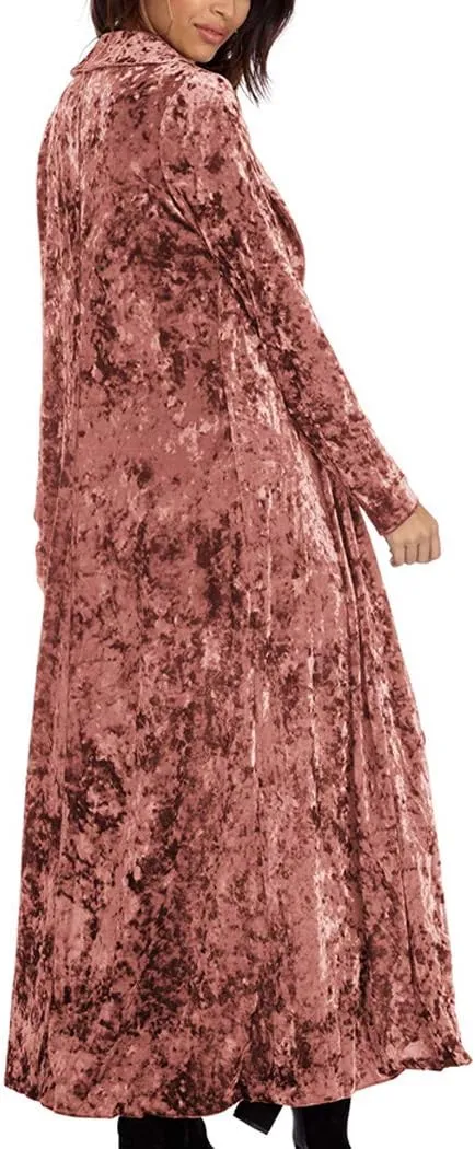 Women's Long Velvet Cardigan Vintage Outerwear Maxi Long Sleeve Blazers Coat