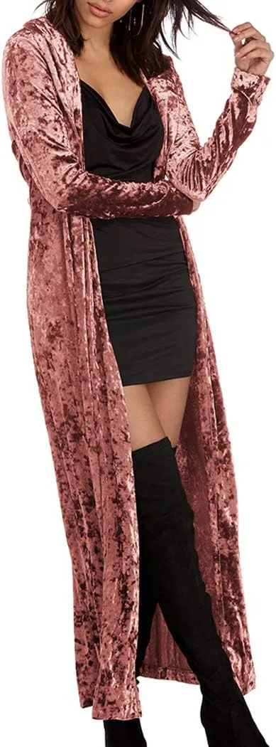 Women's Long Velvet Cardigan Vintage Outerwear Maxi Long Sleeve Blazers Coat