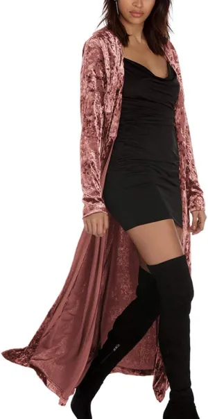 Women's Long Velvet Cardigan Vintage Outerwear Maxi Long Sleeve Blazers Coat