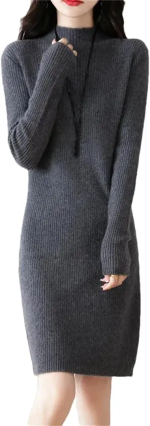 WomenS Mock Neck Wool Dress Pullover Long Sleeve Straight Silhouette Above Knee Sweater Dresses