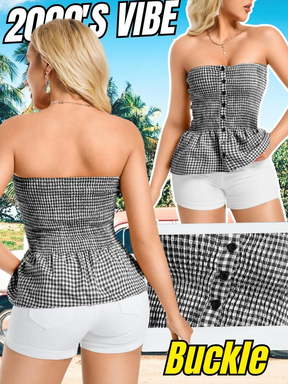 Women's Smocked Ruffle Tube Tops, Cute Gingham Peplum Top, Strapless Shirts for Summer Going Out