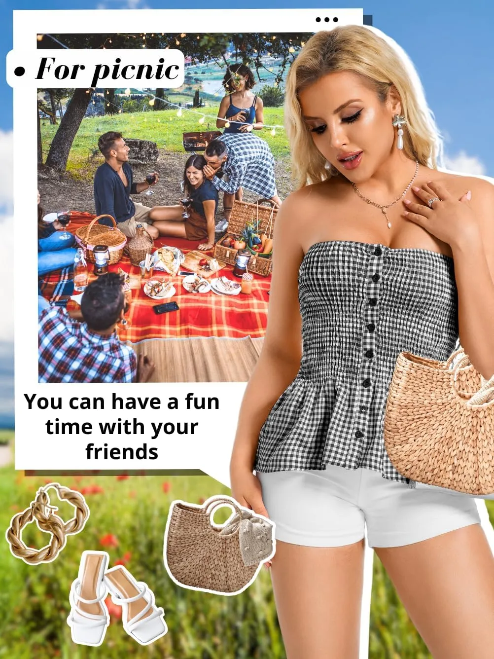 Women's Smocked Ruffle Tube Tops, Cute Gingham Peplum Top, Strapless Shirts for Summer Going Out