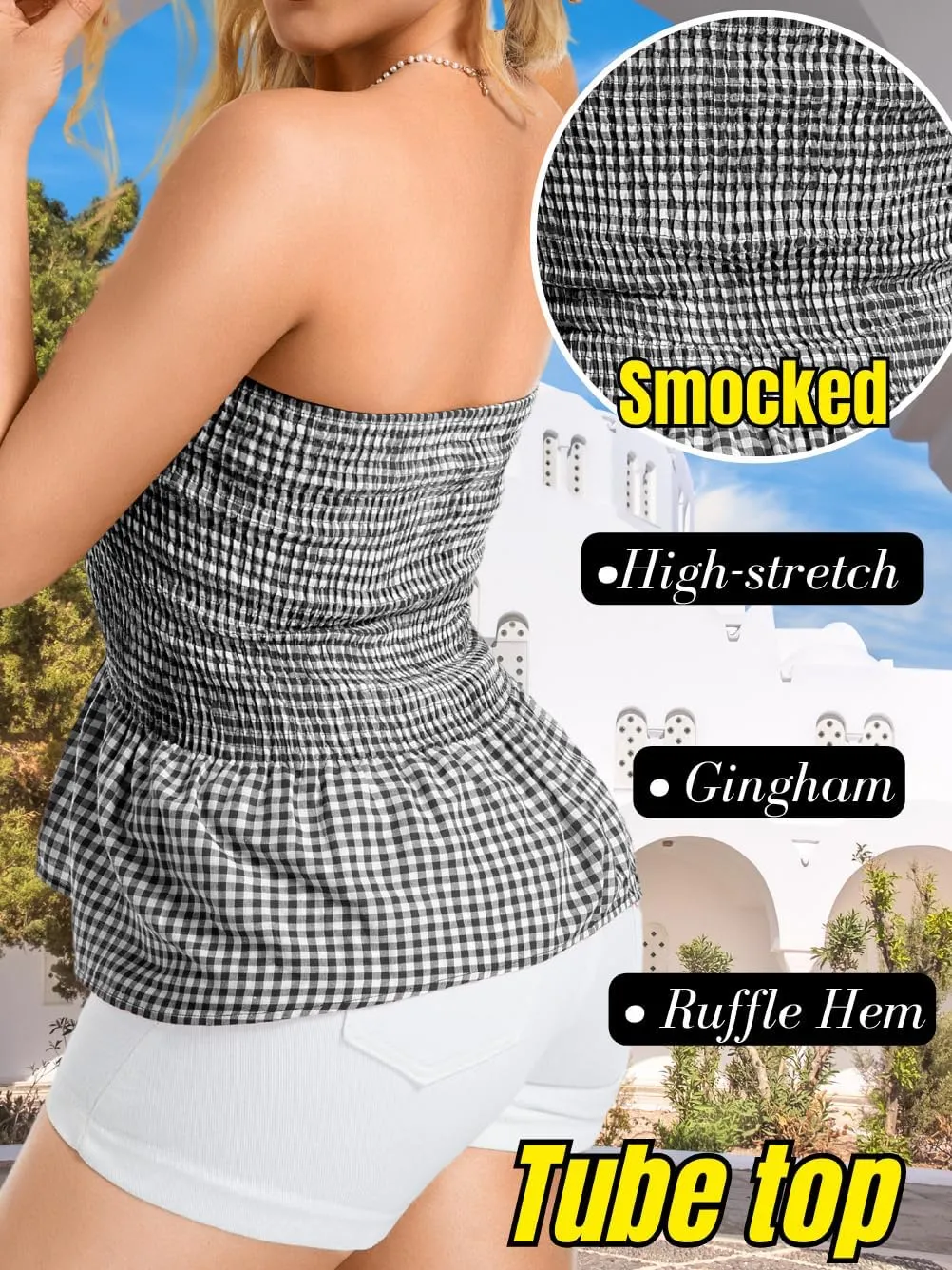 Women's Smocked Ruffle Tube Tops, Cute Gingham Peplum Top, Strapless Shirts for Summer Going Out