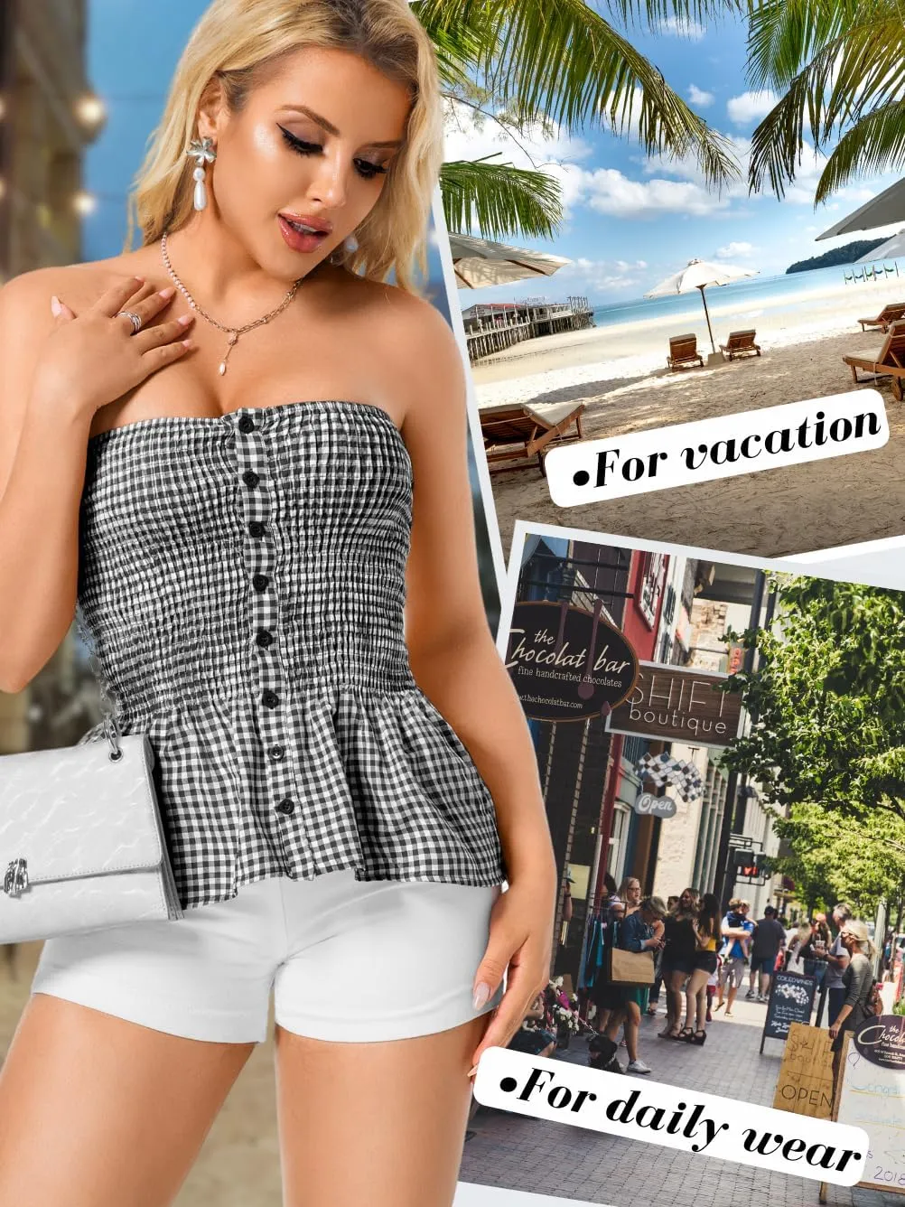 Women's Smocked Ruffle Tube Tops, Cute Gingham Peplum Top, Strapless Shirts for Summer Going Out