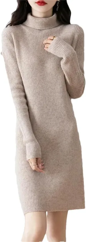 WomenS Turtleneck Wool Dress Long Sleeve Mini Above Knee Pullover Straight Casual Sweater Dress