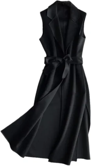 Wool Blend Long Vest With Belt Women Office Lady Notched Collar Pockets Cardigan Sleeveless Waistcoat Gilet