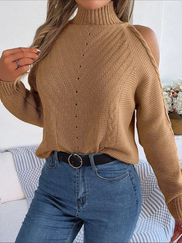 Wool Cold Shoulder Sweater - High Neck, Cable Knit Pullover