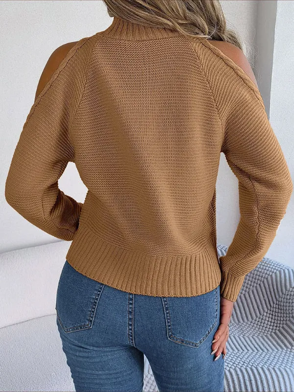 Wool Cold Shoulder Sweater - High Neck, Cable Knit Pullover