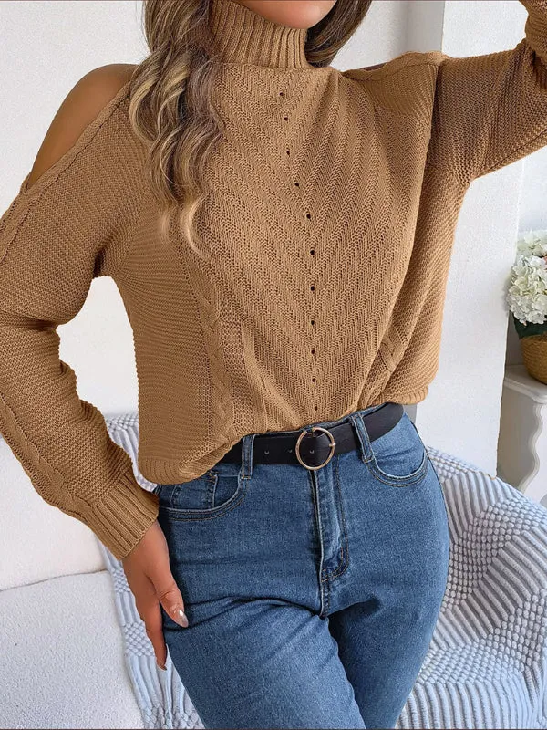 Wool Cold Shoulder Sweater - High Neck, Cable Knit Pullover