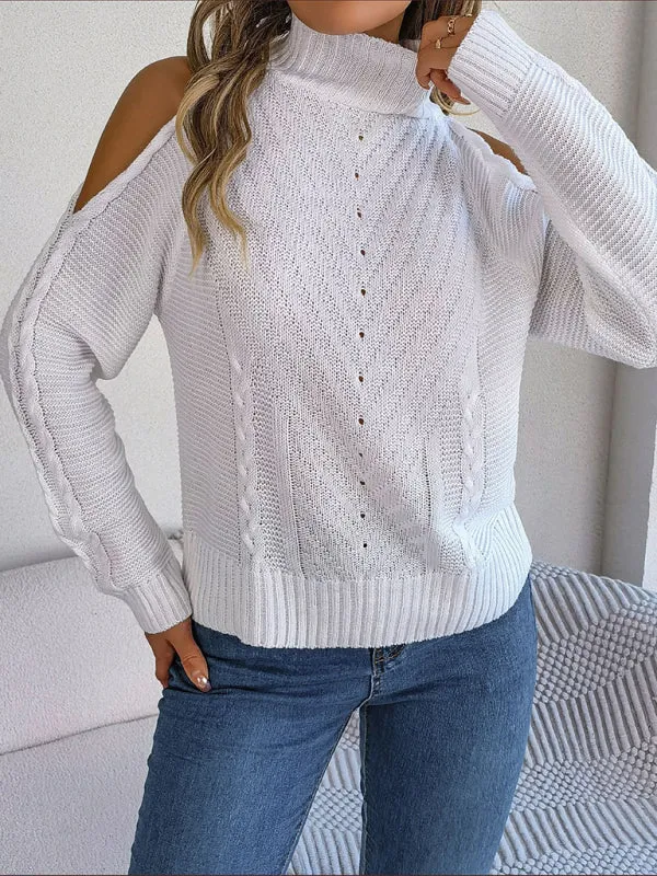 Wool Cold Shoulder Sweater - High Neck, Cable Knit Pullover