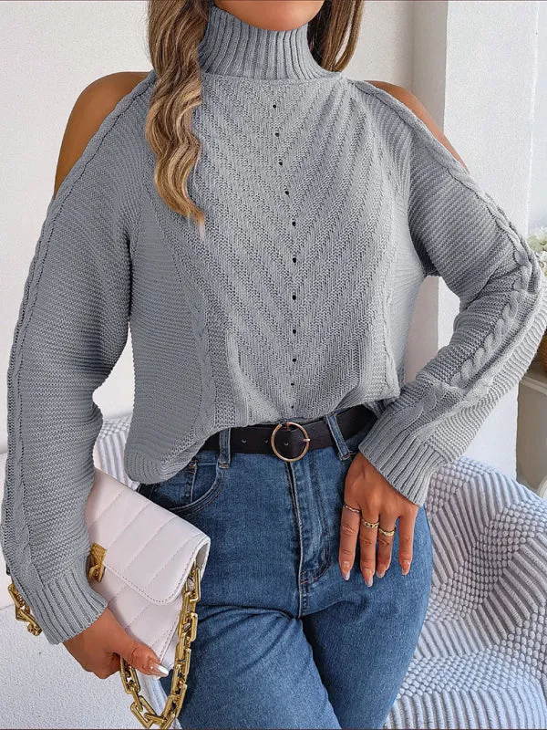 Wool Cold Shoulder Sweater - High Neck, Cable Knit Pullover