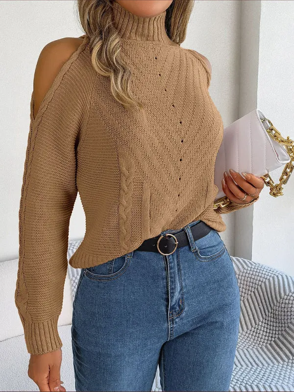 Wool Cold Shoulder Sweater - High Neck, Cable Knit Pullover