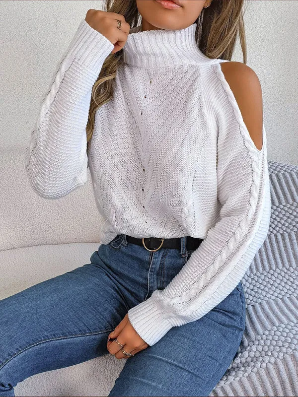 Wool Cold Shoulder Sweater - High Neck, Cable Knit Pullover