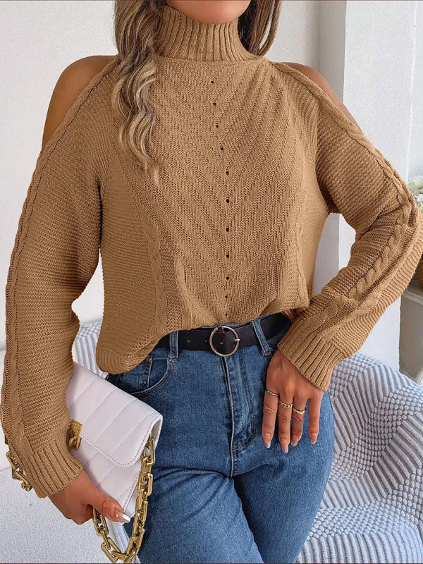 Wool Cold Shoulder Sweater - High Neck, Cable Knit Pullover