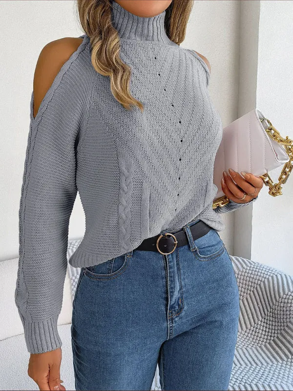 Wool Cold Shoulder Sweater - High Neck, Cable Knit Pullover