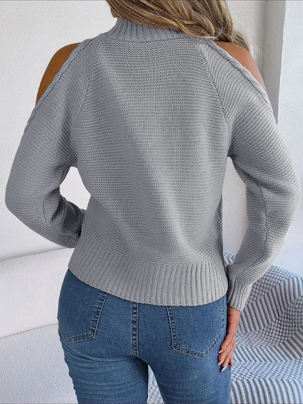 Wool Cold Shoulder Sweater - High Neck, Cable Knit Pullover